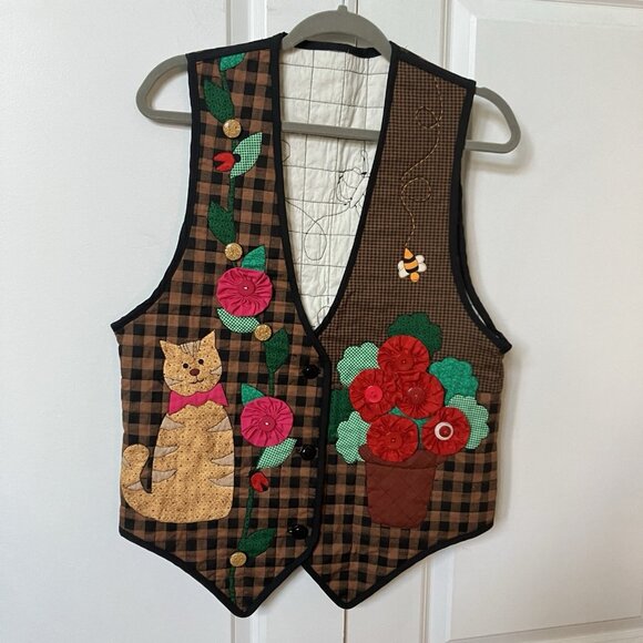 Handmade Jackets & Blazers - Vintage Handmade Vest Womens Quilted 3D Floral Cat Plaid Granny Cottagecore